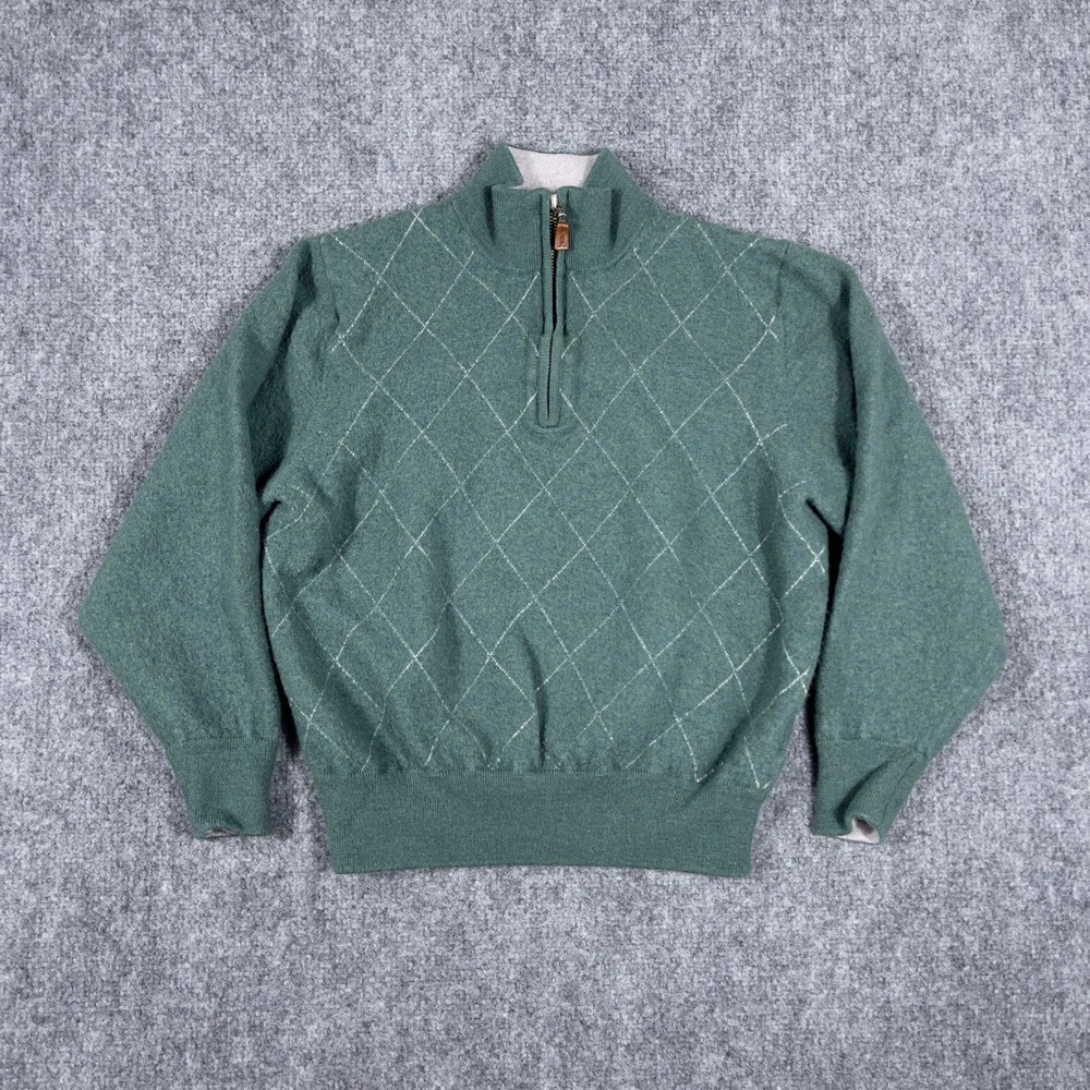 Peter Millar Quarter Zip Sweater Men XS Green Merino Wool Diamond Knit Mock Neck